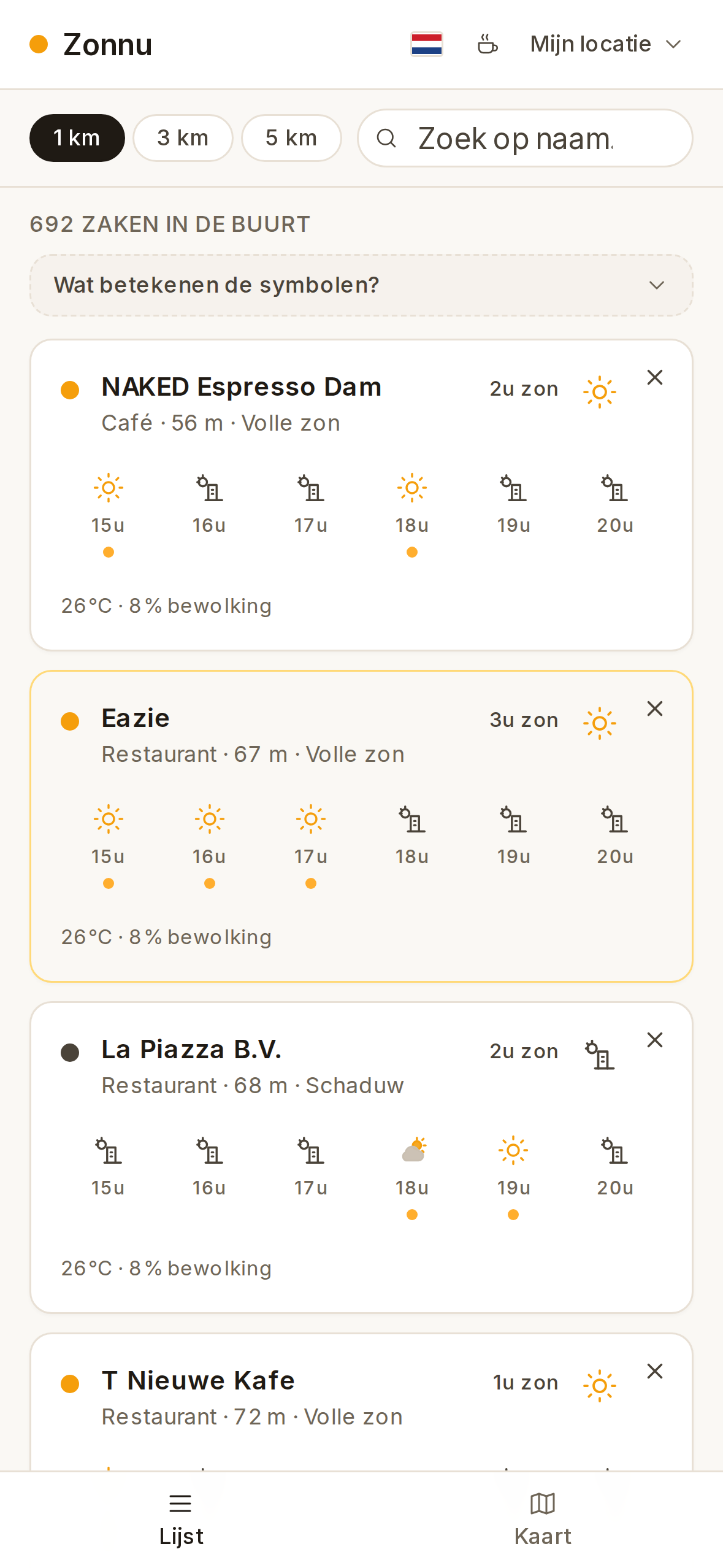 zonnu op een iPhone: de kaart van Amsterdam met terrassen die nu in de zon liggen