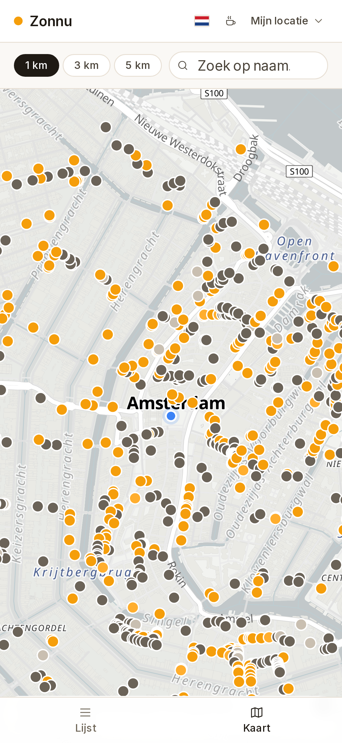 zonnu op een iPhone: de kaart van Amsterdam met terrassen die nu in de zon liggen