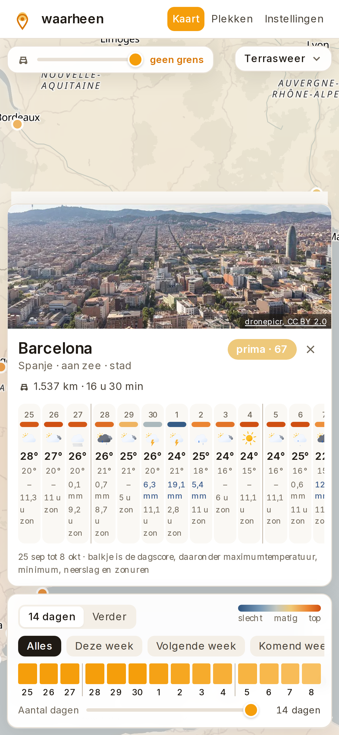waarheen op een iPhone: de weerkaart van Europa met gekleurde vlakken en klikbare bestemmingen