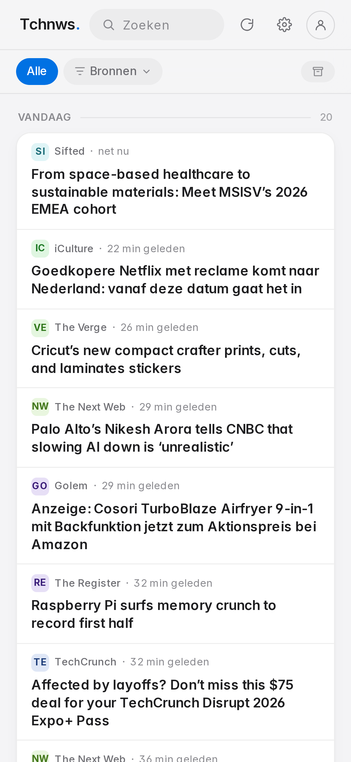 tchnws op een iPhone: een lijst met koppen van technieuws